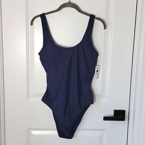 Nine West Solid Navy Blue Ribbed Tie Back One Piece Swimsuit - Size Large - Picture 3 of 15